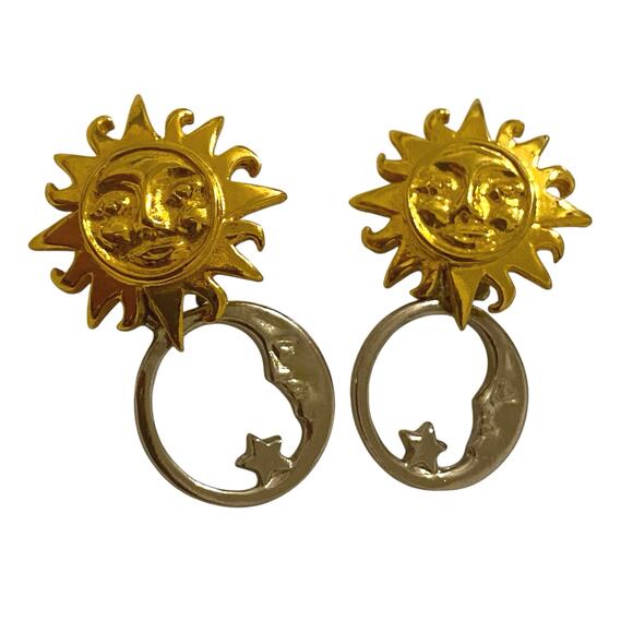 Adolfo Moon Face Star Gold toned and Silver Pierced Earrings Celestial - Picture 2 of 7